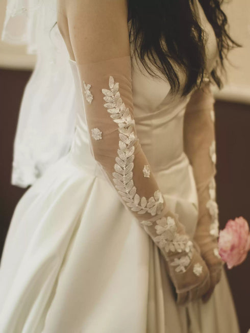 Floral Embroidered Sheer Bridal Gloves – Long Wedding Gloves